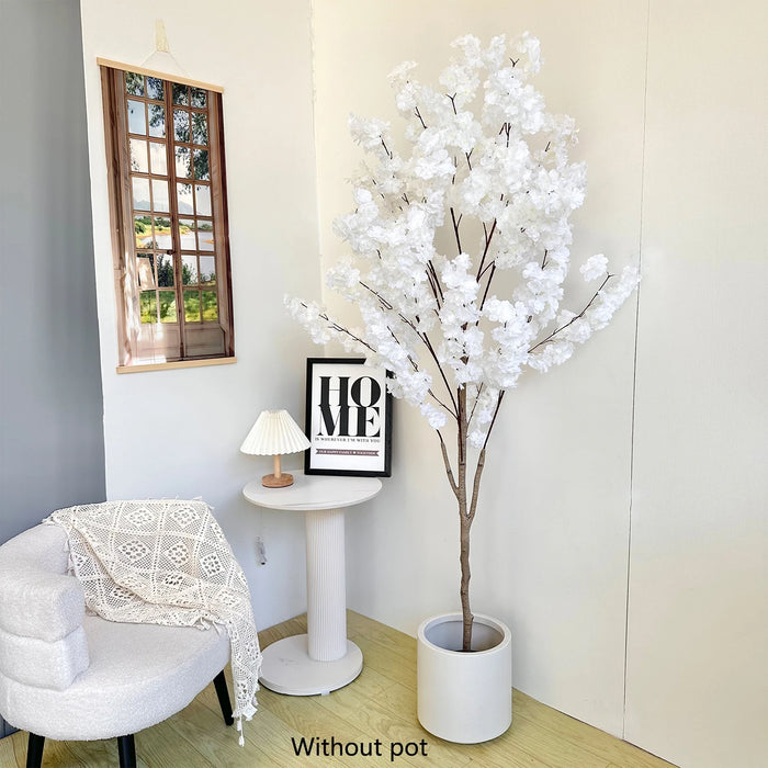 Artificial White Cherry Tree Branches 130cm Faux Plant with Silk Leaves for Home Wedding Decoration