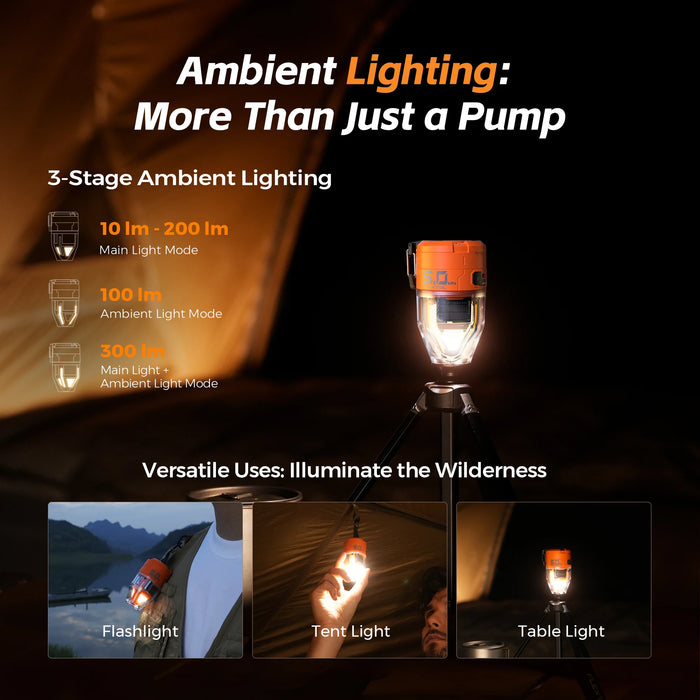 Orange Electric Air Pump for Camping, 6L/Min High-Pressure Portable Pump with 3-Level Ambient Light, Ideal for Air Beds, Sleeping Pads, and Vacuum Bag