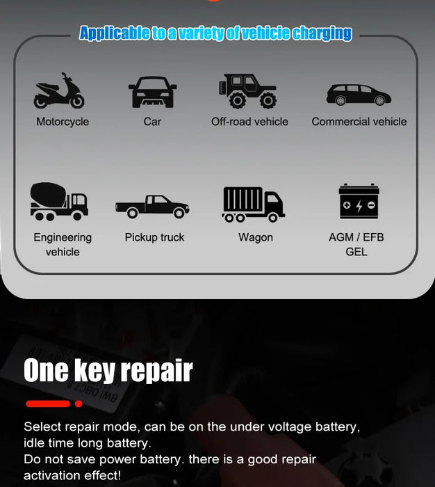 Yellow smart battery charger for various types of batteries - 10A 5A