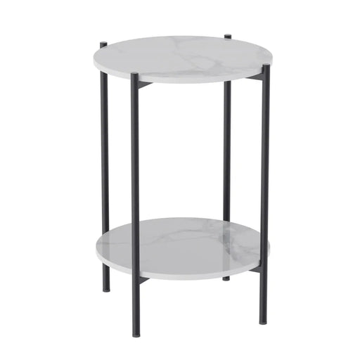 2-Tier Round Coffee Table with Sintered Stone Top and Black Metal Frame