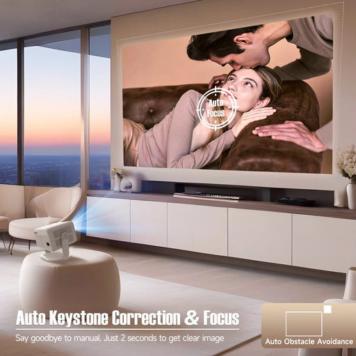 High-resolution 4K Android 11 projector with 650 ANSI, 1080P, auto focus, BT 52, WiFi 6, and 360° rotation