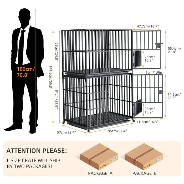 Versatile and durable metal dog kennel crate with two stackable cages and strong latch design