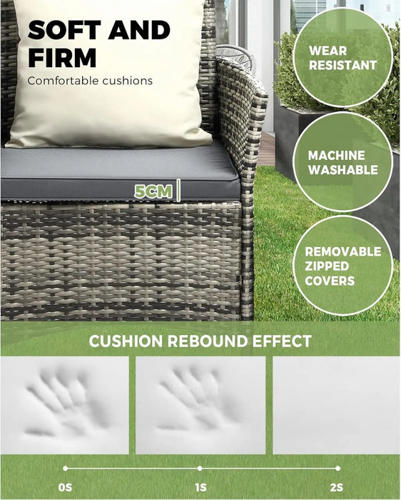 Outdoor Rattan Table and Chairs Set with Cushions and Pillows Grey, 2-Seater