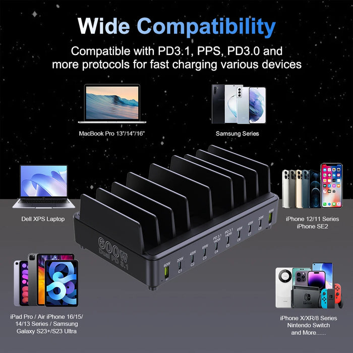 10-Port GaN USB Charger Stand for Laptop and Phone