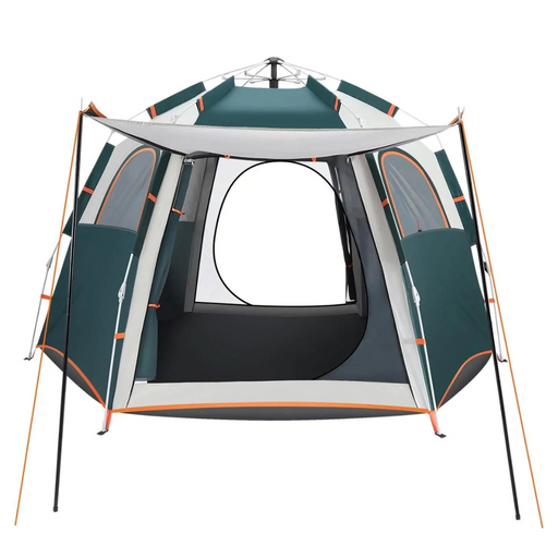 Green 3-5 person instant pop-up tent for camping and hiking