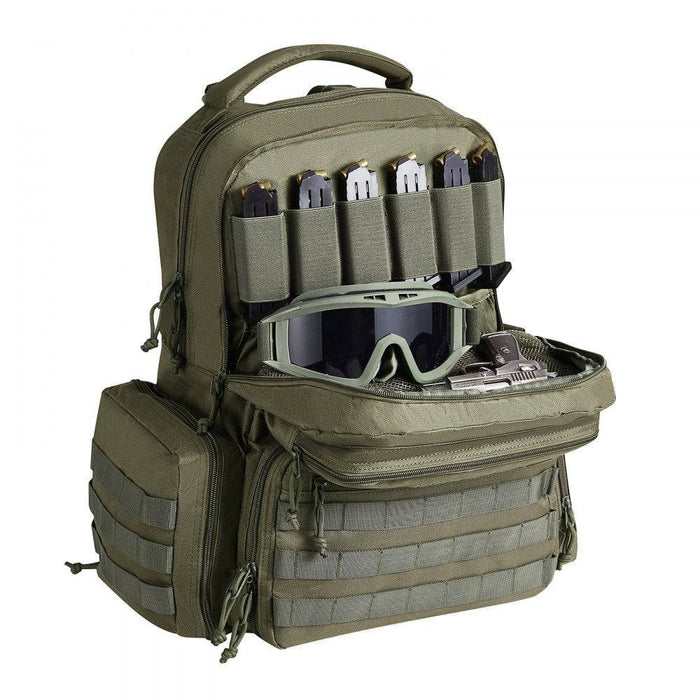 Tactical range backpack for 2-6 pistols with pistol bags in green