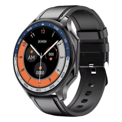 143 inch AMOLED smartwatch with Bluetooth call feature, 32GB storage, heart rate tracker, and black leather strap
