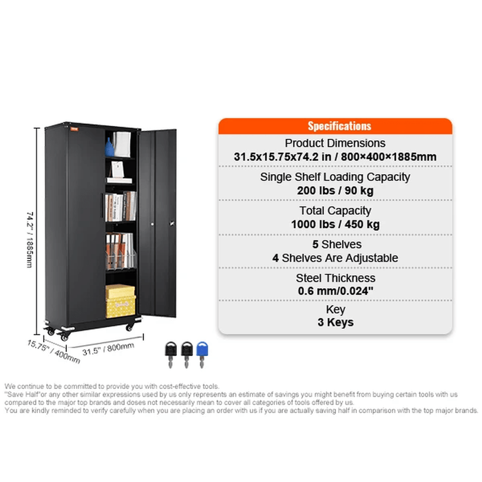 Metal Storage Cabinet with Wheels 190 cm Locking Cabinet 2 Magnetic Doors 4 Adjustable Shelves 90 kg Capacity Black Wheel