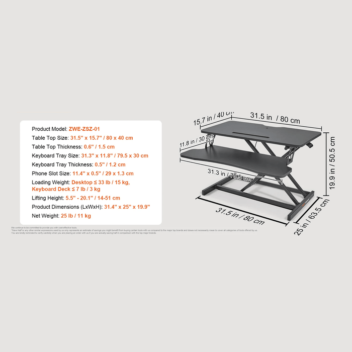 Height Adjustable Double-Layer Standing Desk Converter 90cmx60cm Sit to Stand Stand Up Home Desk - FLUXA