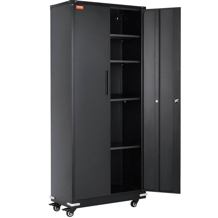 Black metal storage cabinet with wheels and locking doors, adjustable shelves