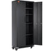 Black metal storage cabinet with wheels and locking doors, adjustable shelves
