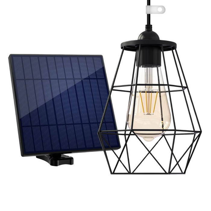 Solar pendant light hanging in a garden with bright LED illumination