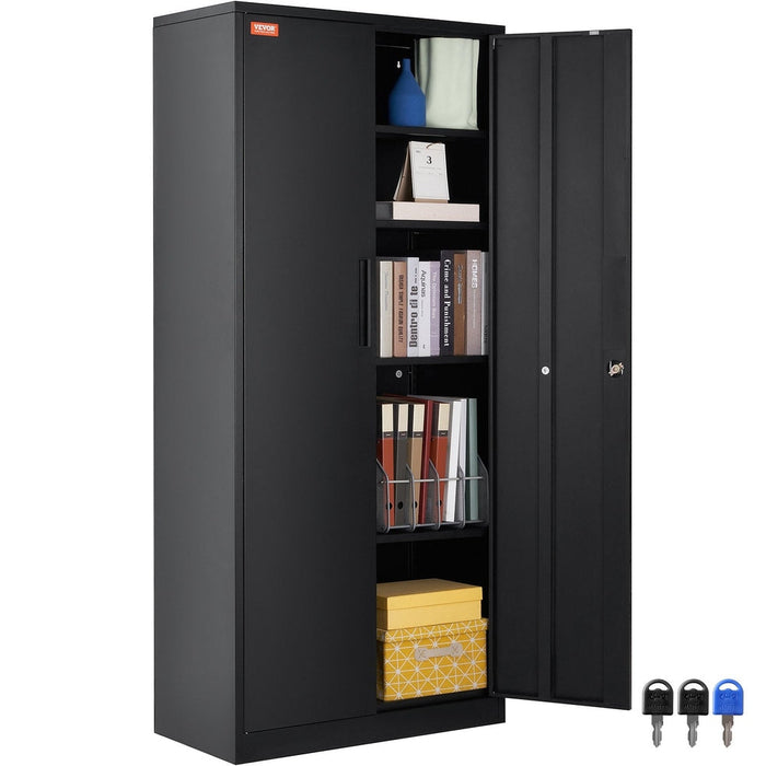 Black metal storage cabinet with wheels and locking magnetic doors