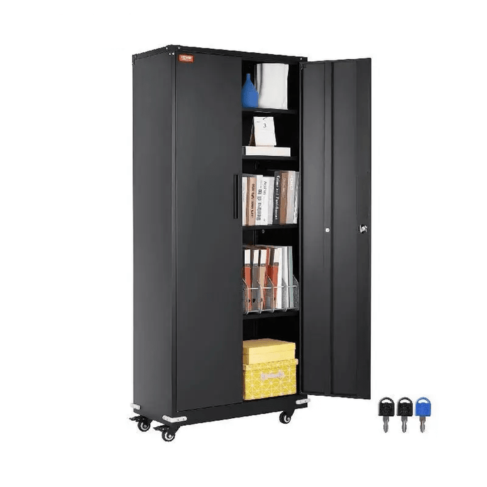 Metal storage cabinet with wheels and locking doors, adjustable shelves