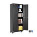 Metal storage cabinet with wheels and locking doors, adjustable shelves
