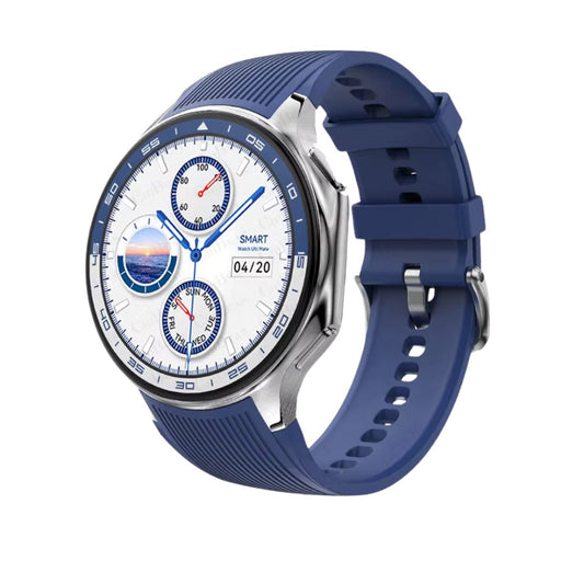 Blue silicone smartwatch with 143 inch AMOLED display, 32GB storage, GPS, and Bluetooth calling capabilities
