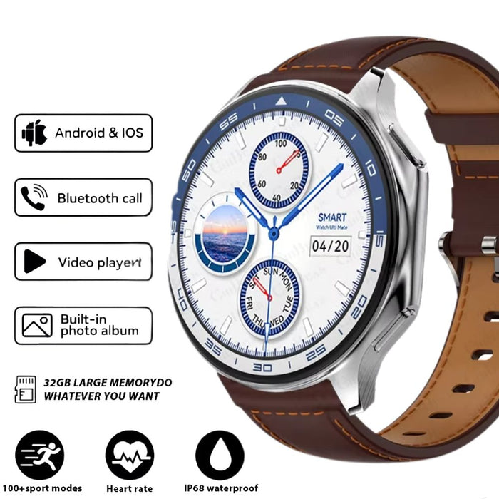 Brown leather smartwatch with 143 inch AMOLED display and Bluetooth call support