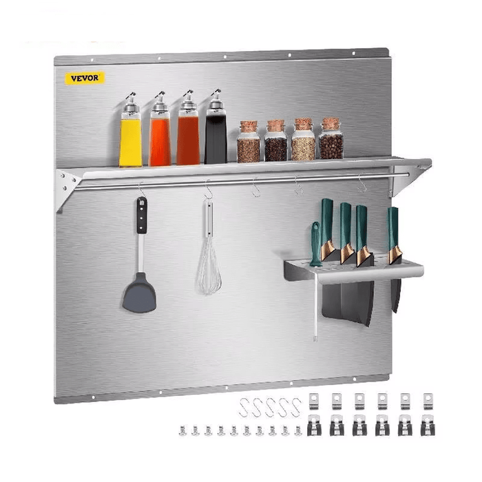 High-quality 91 x 75 cm stainless steel range backsplash with knife shelf and storage shelf for kitchen organization and wall protection