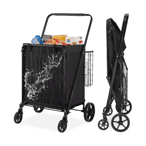 Folding Shopping Cart with Removable Waterproof Liner and 360° Swivel Wheels (150 kg Capacity) front view with waterproof liner attached and filled with groceries