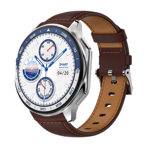 Leather smartwatch with 143 inch AMOLED display, 32GB storage, Bluetooth call, and TWS support in brown color