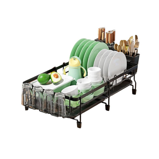 Expandable dish drying rack with drainboard and swivel spout in black