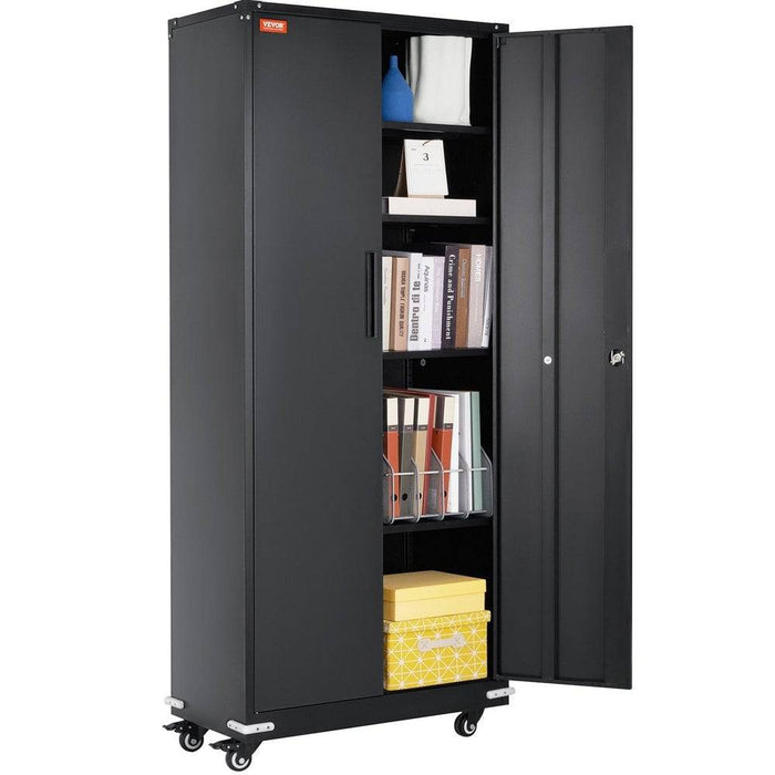 Metal storage cabinet with wheels and locking doors for secure storage
