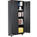 Metal storage cabinet with wheels and locking doors for secure storage