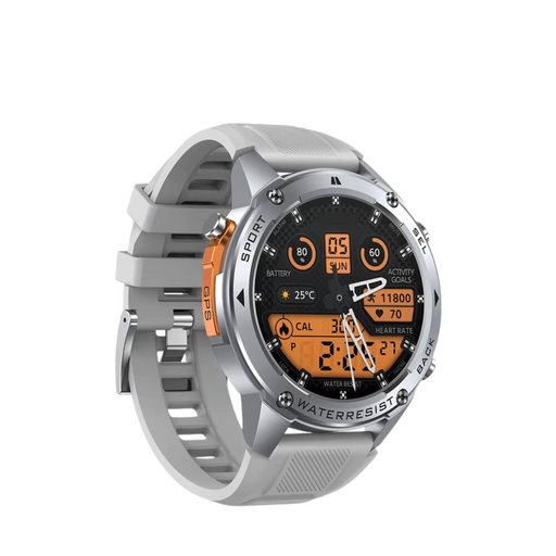 Metallic silver GPS smartwatch with built-in compass and altimeter for outdoor activities