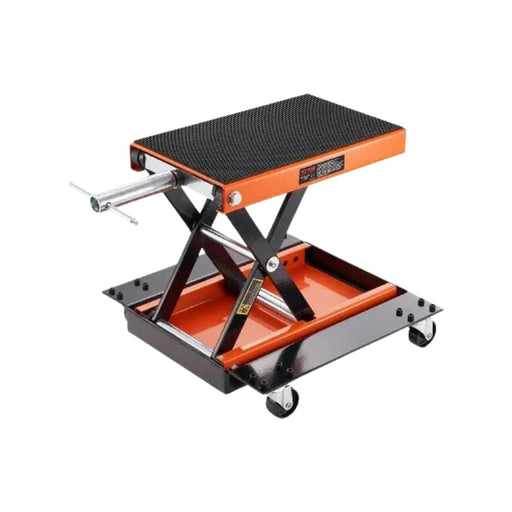 Black motorcycle lift with wide deck, safety pin, and 500 kgs capacity