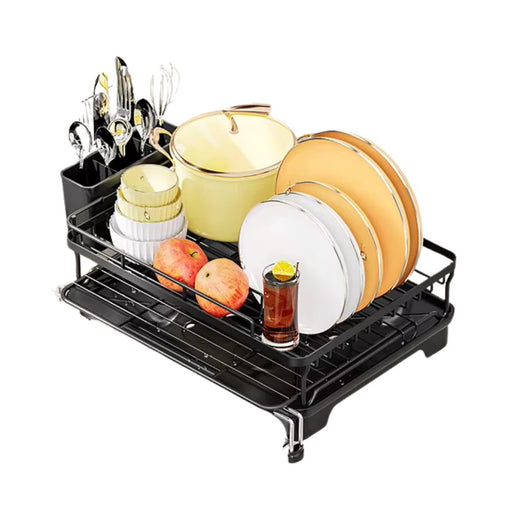 Expandable dish drying rack with drainboard and utensil holder in black
