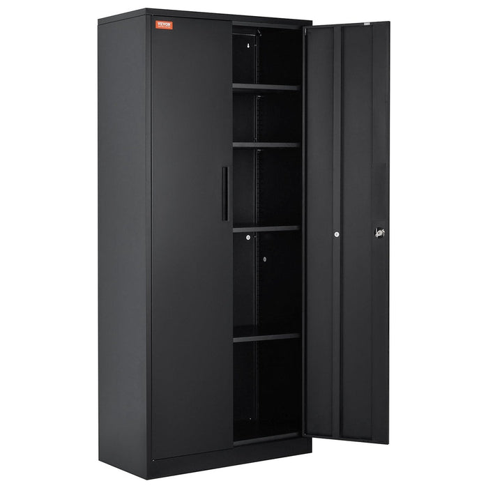 Large metal storage cabinet with locking magnetic doors, adjustable shelves, and wheels
