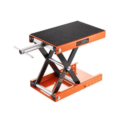 Motorcycle lift with 500 kgs capacity, wide deck, and safety pin