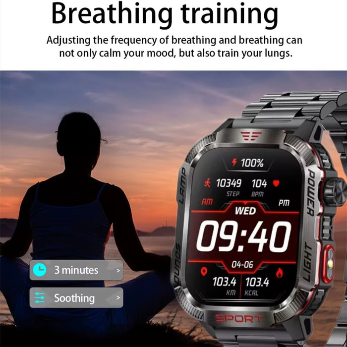 Waterproof Outdoor Smartwatch with Compass & Bluetooth Call – Black Steel