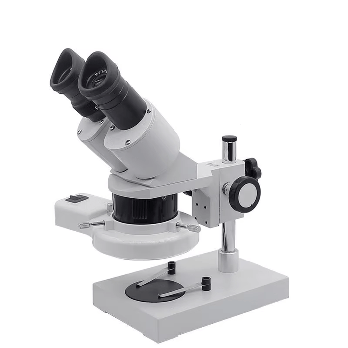 High-quality stereo microscope with 10X and 20X magnification for precise PCB inspection and soldering repair tasks, featuring a ring light for enhanced visibility