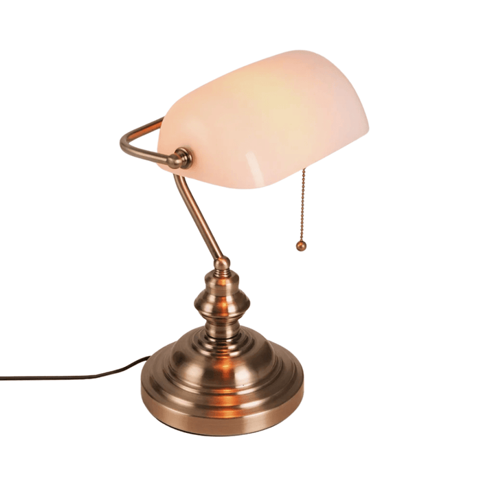Traditional desk lamp with blue stained glass shade and durable iron base
