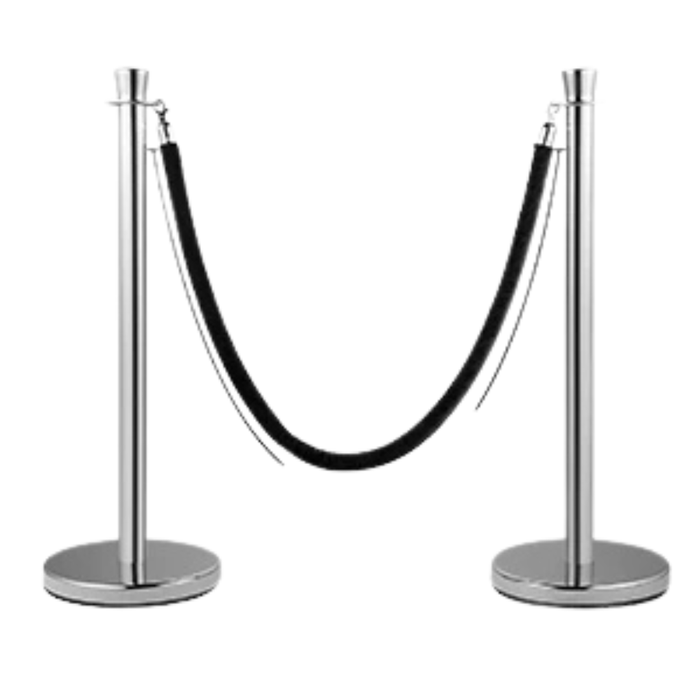 Two black stanchion posts with velvet ropes and fillable plastic base