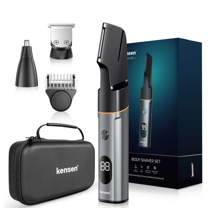 3-in-1 grooming system with interchangeable heads for body trimming, nose hair removal, and beard shaping