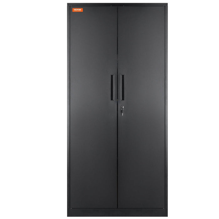 Black metal storage cabinet with wheels, locking doors, adjustable shelves
