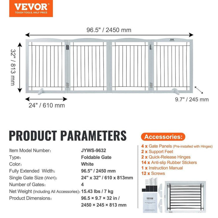 Foldable 3-Panel Freestanding Dog Gate for Narrow Passageways (White 244 cm)