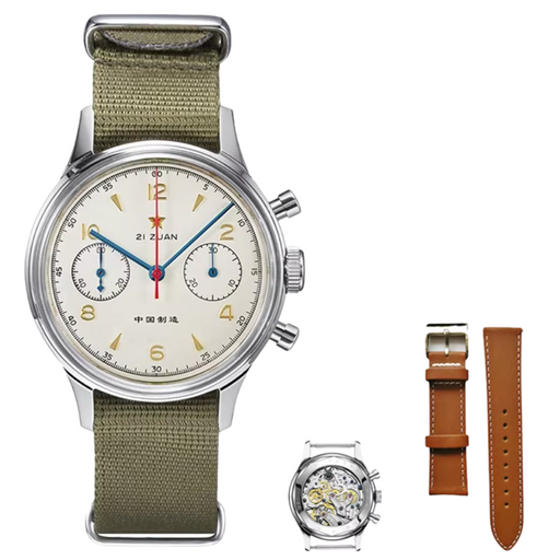 Black and silver mechanical watch with chronograph function, sapphire crystal, and Seagull movement