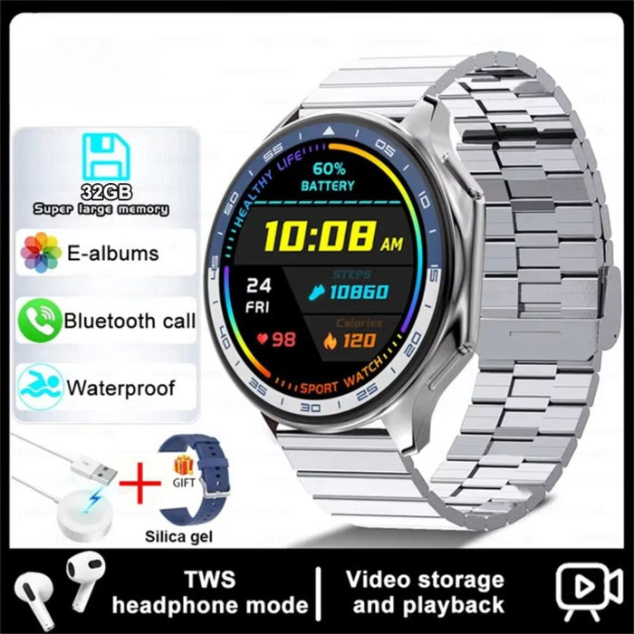 1.43" AMOLED Smartwatch – Bluetooth Call, 32GB RAM, Heart Rate Tracker – Silver Steel Strap