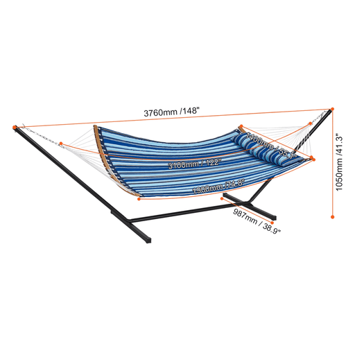 Two Person Double Hammock with Stand in Blue and White Quilted Cotton and Polyester, Perfect for Outdoor Relaxation